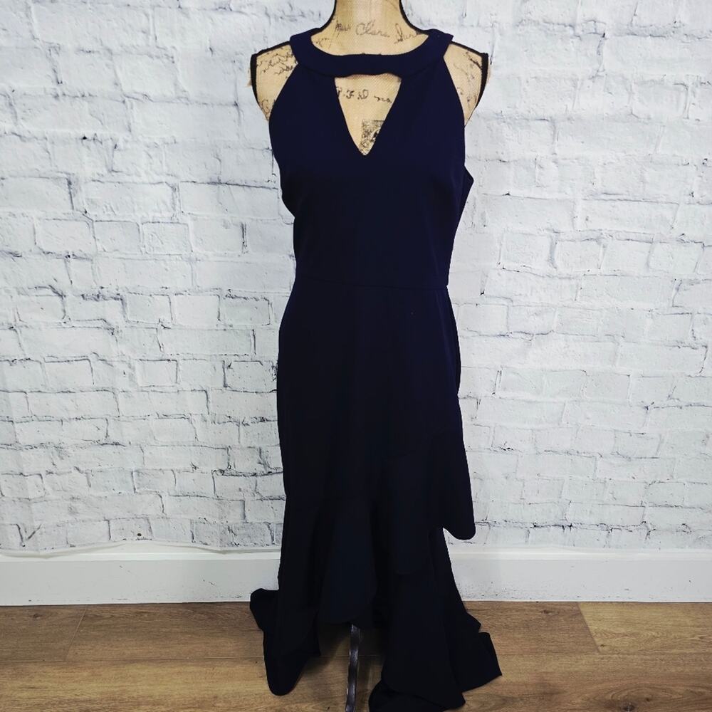Betsy & Adam navy formal dress Sz 12 ruffle high low gown sleeveless wedding A20
